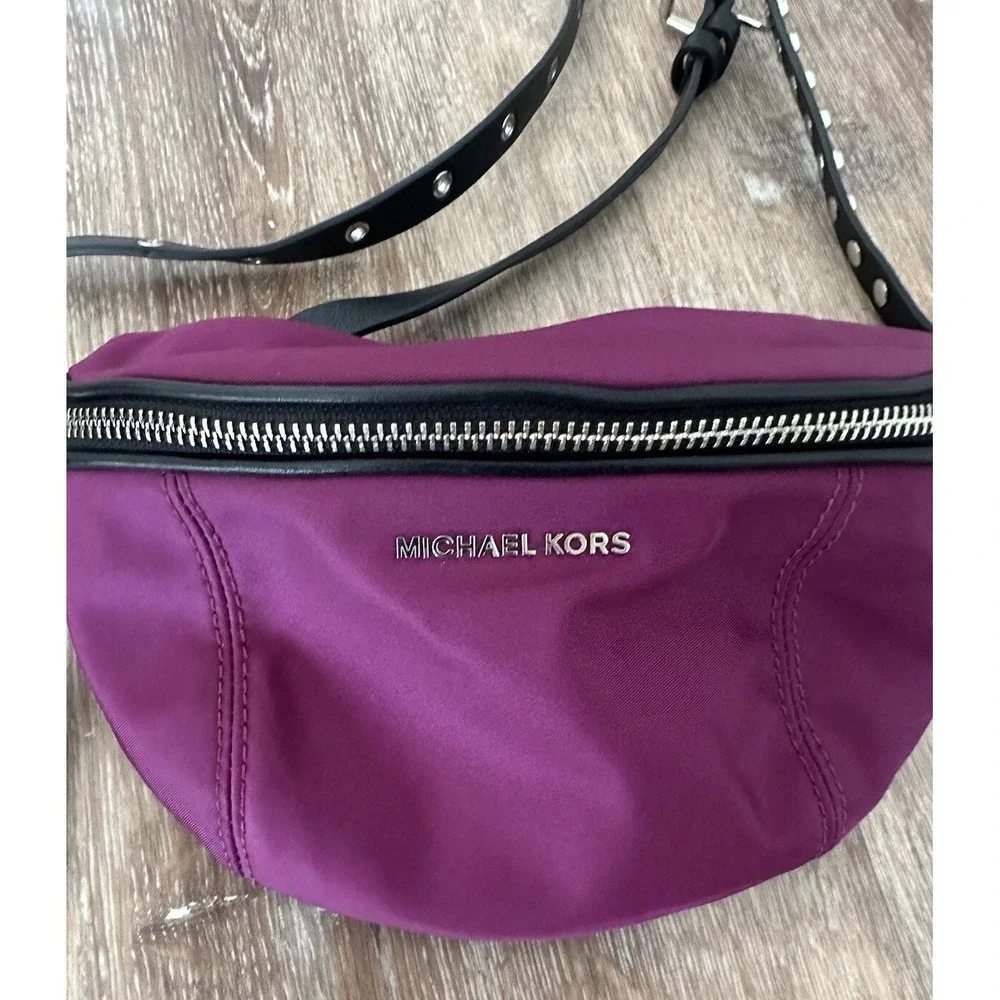 Michael Kors Fanny Bag Purple Waist Pack Nylon Black Leather Belt Grommets Purse